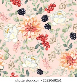 Dahlia, red currant berries, blackberries, rose flowers, leaves, blush pink background. Vector floral illustration. Seamless pattern. Botanical design. Summer  