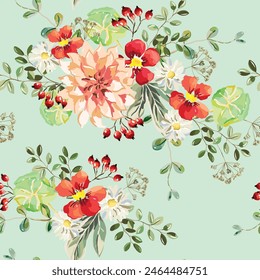 Dahlia, red nasturtium, berries, daisy flowers, leaves, green background. Floral illustration. Vector seamless pattern. Botanical design. Nature garden plants. Summer bouquets