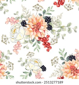Dahlia, red and pink currant berries, blackberries, rose flowers, leaves, white background. Vector floral illustration. Seamless pattern. Summer wedding bouquets. Botanical design