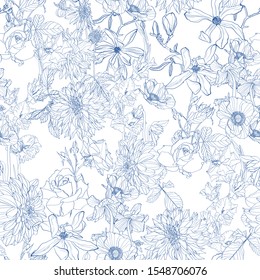 Dahlia. Seamless pattern of many kind of line flowers and leaves. Floral vintage blue background.
