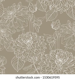 Dahlia. Seamless pattern of olive line dahlia flowers. Floral background.