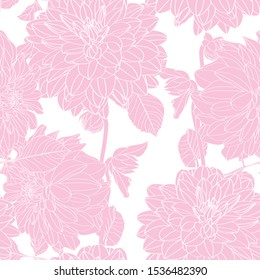 Dahlia. Seamless pattern of pink line dahlia flowers. Floral background.