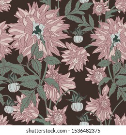 Dahlia. Seamless pattern of vintage beige line dahlia flowers. Floral background.