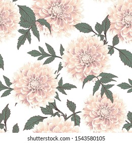 Dahlia. Seamless pattern of vintage beige Dahlia flowers. Floral background.