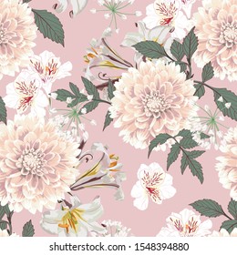 Dahlia. Seamless pattern of vintage beige Dahlia flowers. Floral pink background.