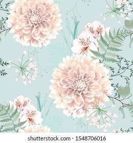 Dahlia. Seamless pattern of vintage beige Dahlia flowers. Floral mint background.
