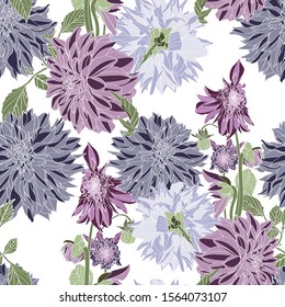 Dahlia. Seamless pattern of vintage violet Dahlia flowers. Floral background.