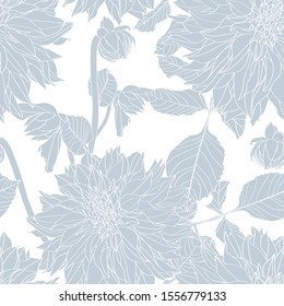 Dahlia. Seamless pattern of white line dahlia flowers. Floral light blue background.
