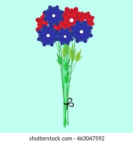 Dahlias. Bouquet of blue and red flowers. On thin green stems. Tied with a rope bouquet. Blue background.