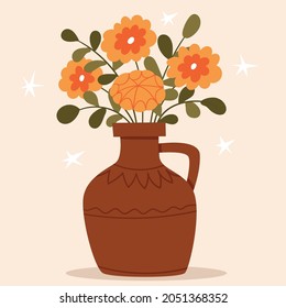 Dahlias in a clay jug. Autumn bouquet in a vase. Scandinavian style.