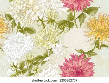 Dahlias flowers, outline and coloured style Seamless pattern, background. Vector illustration. In botanical style