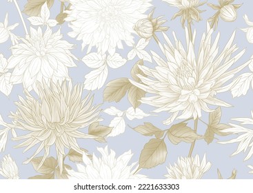 Dahlias flowers, outline and coloured style Seamless pattern, background. Vector illustration. In botanical style