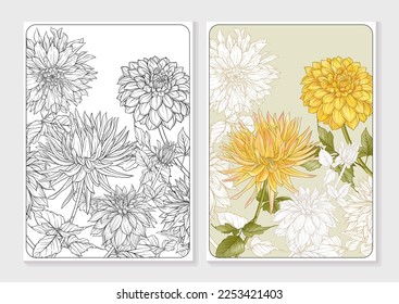 Dahlias flowers, outline and coloured style In botanical style. Coloring page for the adult coloring book with colored sample. Vector illustration.