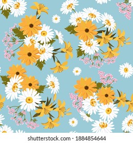 Dahlias, lirio y camomila. Ilustración vectorial sin inconvenientes en un fondo azul. Para decorar textiles, embalajes, papel pintado.