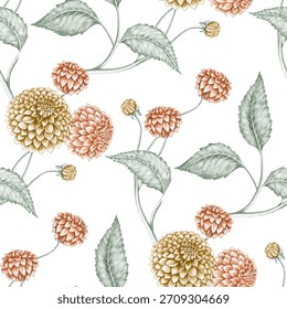 The dahlias are presented in a range of colors, including peach, apricot, and pale gold, set against a crisp white background. Each flower boasts an intricate design comprising petal layers.