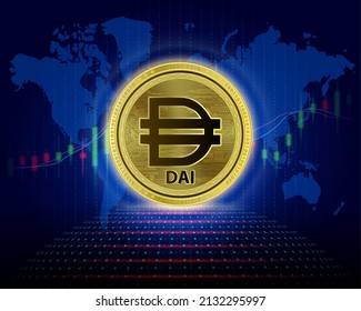 Dai (DAI) coin. 3D Vector illustration. Cryptocurrency blockchain (crypto currency) Future digital replacement technology. Silver golden virtual currency growth share chart is background.