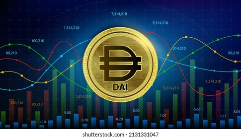 Dai (DAI) coin cryptocurrency blockchain Future digital currency replacement technology alternative currency, Silver golden stock chart number up down is background 3D Vector illustration.