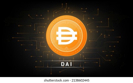 Dai coin cryptocurrency token symbol. Coin icon on dark  background. Technology for finance in International stock blockchain. Vector illustration.