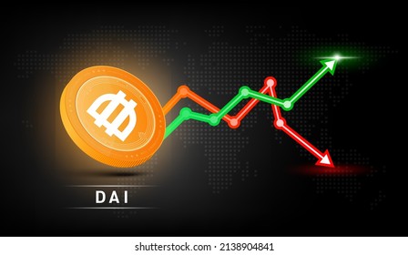 Dai coin yellow. Cryptocurrency token symbol with stock market investment trading graph green and red. Coin icon on dark  background. Economic trends business concept. 3D Vector illustration.