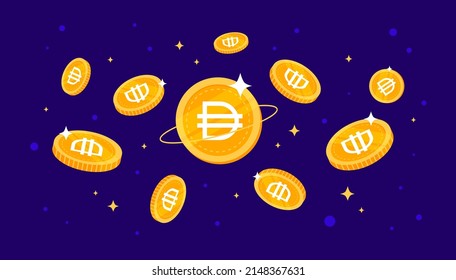 DAI coins falling from the sky. DAI cryptocurrency concept banner background.