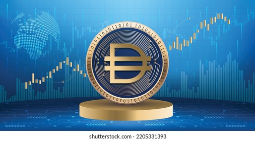 Dai crypto currency coin logo and symbol over financial infographic background. Futuristic technology vector illustration banner and wallpaper 