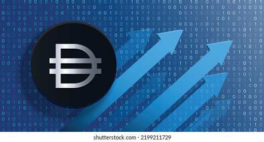 Dai (DAI) crypto currency logo coin on futuristic financial technology background and banner vector illustration. Can be used as cover, header, backdrop, poster, wallpaper and print design