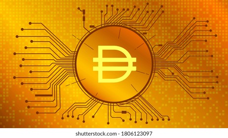 DAI cryptocurrency token symbol of the DeFi project in circle with PCB tracks on gold background. Currency icon. Decentralized finance programs. Vector EPS10.