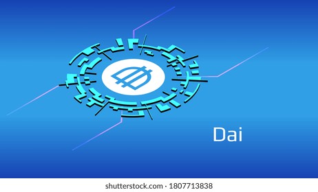 DAI isometric token symbol of the DeFi project in digital circle on blue background. Cryptocurrency icon. Decentralized finance programs. Vector EPS10.