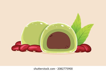 Daifuku with green tea leaves and red beans isolated on background. Japanese Traditional Dessert.