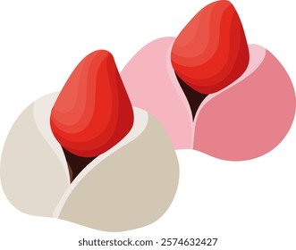 Daifuku Ichigo or Sweet Strawberry Mochi Snack Illustration Isolated on White Background