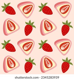 Daifuku seamless pattern. Japanese dessert and strawberries. Asian sweet food. Hand-drawn colored vector illustration. 