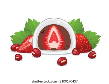 Daifuku with strawberry and Red Azuki beans isolated on white background. Japanese Traditional Dessert.