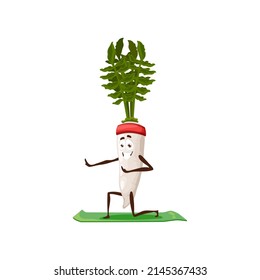 Daikon cartoon character on yoga pilates stretching isolated funny smiling vegetable. Vector vegetarian food on sport mat, balancing comic kawaii emoticon, radish with green stem, root horseradish