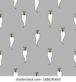 Daikon radish,, beet drawn by a line on a grey background. A sketch of food. Vector drawing