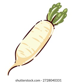 Daikon radish vegetable with white long root and green leaves, fresh daikon for asian cuisine and cooking, raw radish root crop, organic daikon, cartoon vector illustration