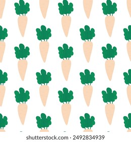 Daikon seamless pattern. Stylized food vegetable. Vector flat illustration for fabric, background, packaging, wrapping paper.