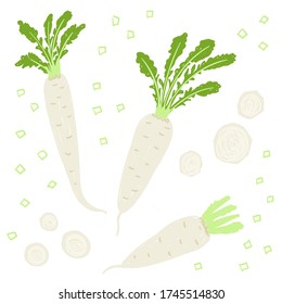 Daikon seamless pattern. White radish with leaves isolated on white background. Whole daikon, sliced, cut into pieces, half