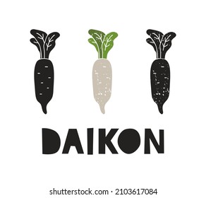 Daikon, silhouette icons set with lettering. Imitation of stamp, print with scuffs. Simple black shape and color vector illustration. Hand drawn isolated elements on white background