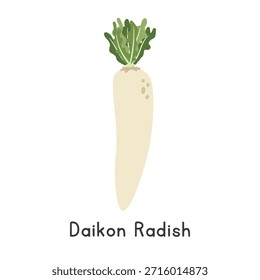 Ilustração do Vetor Daikon. Daikon ou White Radish Cartoon Clipart, Vegetal em Estilo Plano. Também chamado de rabanete japonês, rabanete chinês, rabanete oriental. Design vetorial do conceito vegetal da raiz