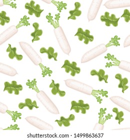 Daikon white radish with green leaves and lettuce seamless pattern flat vector illustration on white background