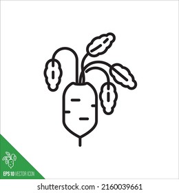 Daikon or white radish, root with leaves vegetable icon, outline style vector illustration