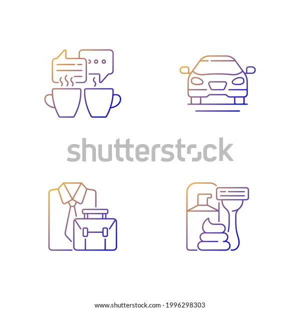 Daily activities gradient linear vector icons\
set. Meeting over coffee with friends. Sedan car. Official clothes.\
Thin line contour symbols bundle. Isolated vector outline\
illustrations collection
