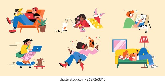 Daily activities at home, reading, watching computer, lying on the sofa, walking, dancing and painting