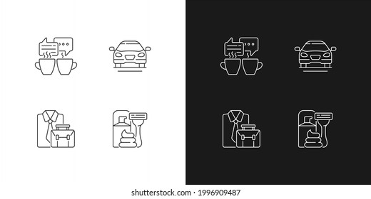 Daily activities linear icons set for dark and light mode. Meeting over coffee with friends. Sedan car. Customizable thin line symbols. Isolated vector outline illustrations. Editable stroke