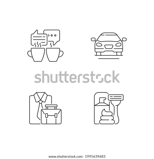 Daily activities linear icons set. Meeting over\
coffee with friends. Sedan car. Official clothes. Customizable thin\
line contour symbols. Isolated vector outline illustrations.\
Editable stroke