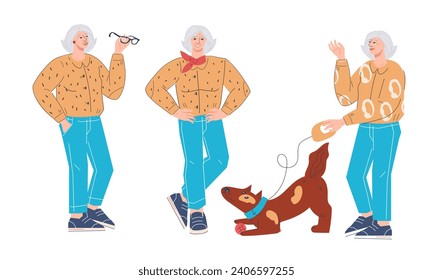 Daily activities of senior elderly women, flat vector illustration isolated on white background. Grandmothers and older women characters staying active, maintaining well-being in daily routine.