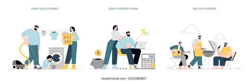 Daily Activities set. A series of illustrations portraying individuals in various daily tasks like house chores, administrative work, and socializing at a BBQ. Routine, finance management, and leisure