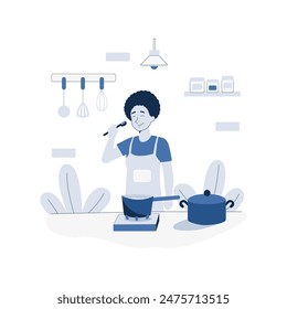 Daily Activities Woman cooking in the kitchen, Housewife Character. Vector Illustration in Flat Style