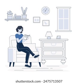 Daily Activities Woman reading  a book on the sofa, the woman sitting on the sofa, woman chilling with reading a book, Vector Illustration in Flat Style