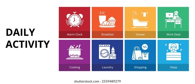 Daily Activity Glyph Solid Banner Web Icon Set Vector Illustration